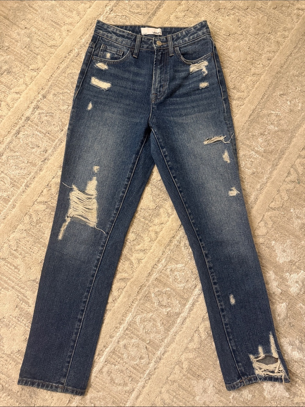 Vervet High-Rise Distressed Slim Jeans in Medium Blue